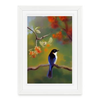 Oiseau sur branche avec des fleurs colorées - Affiche encadrée (27 × 37 cm) - blanc - Devant
