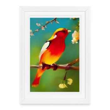 Oiseau sur branche avec des fleurs colorées - Affiche encadrée (27 × 37 cm) - blanc - Devant