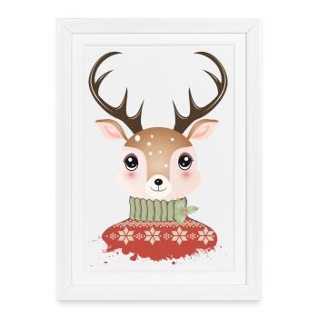 cerf chic mignon avec pull de Noël - Affiche encadrée (27 × 37 cm) - blanc - Devant