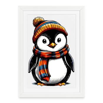 Pingouin avec bonnet et écharpe en laine - Affiche encadrée (27 × 37 cm) - blanc - Devant
