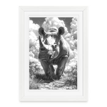 Black and white rhino in the cloudy sky - Framed poster (27 × 37 cm) - white - Front
