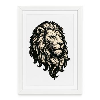 Tête de Lion Héraldique Style Linogravure Vintage - Affiche encadrée (27 × 37 cm) - blanc - Devant