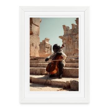 Un astronaute futuriste joue du violoncelle sur une ancienne marche - Affiche encadrée (27 × 37 cm) - blanc - Devant