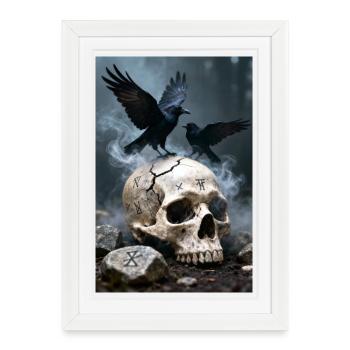 Tête de mort poster affiche gothique crâne corbeau - Affiche encadrée (27 × 37 cm) - blanc - Devant