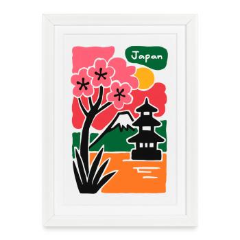 Temple Sakura au bord du lac, Japon - Affiche encadrée (27 × 37 cm) - blanc - Devant
