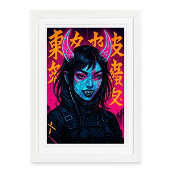Cyberpunk Demon Girl Oni Girl Y2K Synthwave Art - Affiche encadrée (27 × 37 cm) - blanc - Devant