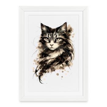 Wasserfarbenes Katzenporträt mit Tinten-Splash - Gerahmtes Poster (27 × 37 cm) - Weiß - Vorne
