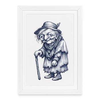 Vieille grand-mère | Vieille sorcière avec chapeau et béquille - Affiche encadrée (27 × 37 cm) - blanc - Devant