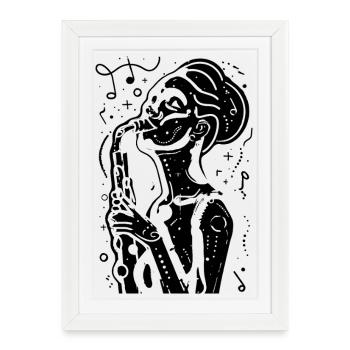 Femme saxophone dessinant - Affiche encadrée (27 × 37 cm) - blanc - Devant