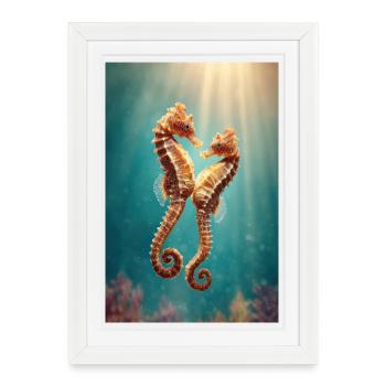 Jumeaux hippocampes ensoleillés sous l’eau - Affiche encadrée (27 × 37 cm) - blanc - Devant