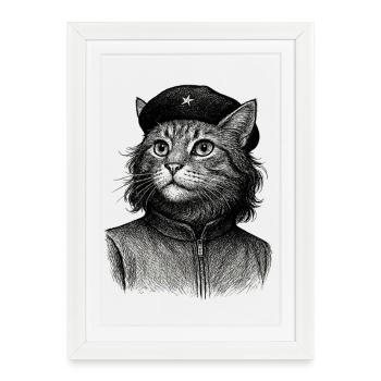 Chat avec béret - Affiche encadrée (27 × 37 cm) - blanc - Devant