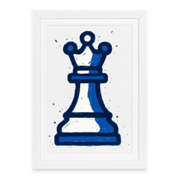Reine Échecs Style Graffiti Bleu Blanc Vintage - Affiche encadrée (27 × 37 cm) - blanc - Devant