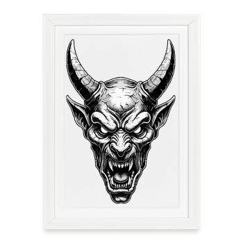 Demonic Horned Mask Devil Totem Black White - Framed poster (27 × 37 cm) - white - Front