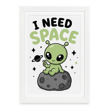 Kawaii Alien sur la Pierre de Lune - Affiche encadrée (27 × 37 cm) - blanc - Devant