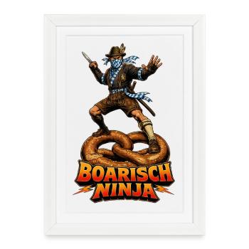 Boarisch Ninja – Retro Bayern Samurai Vintage Shir - Gerahmtes Poster (27 × 37 cm) - Weiß - Vorne