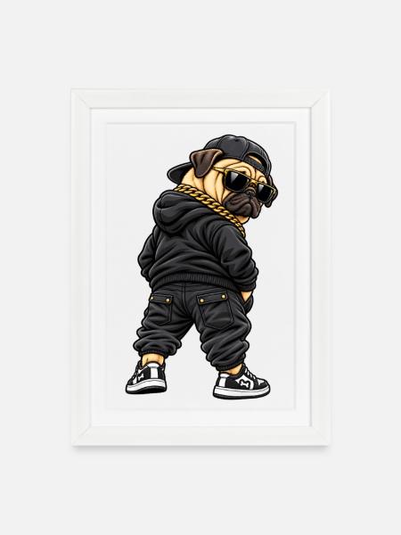 Cooler Gangster Mops im Streetwear Style - Gerahmtes Poster (27 × 37 cm) - Weiß