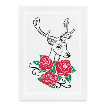 Deer Deer Antlers Roses Octobre-Fest - Affiche encadrée (27 × 37 cm) - blanc - Devant