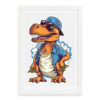 Dino cool avec casquette tendance et lunettes de soleil - Affiche encadrée (27 × 37 cm) - blanc - Devant