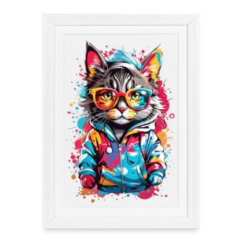 Chat cool - Affiche encadrée (27 × 37 cm) - blanc - Devant