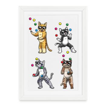 Juggling Sunglasses Cats Quartet - Framed poster (27 × 37 cm) - white - Front