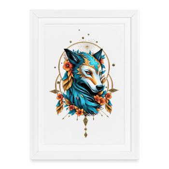Loup stylisé à la fourrure bleu vif et or - Affiche encadrée (27 × 37 cm) - blanc - Devant