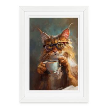 Poster Illustration of Cat with Coffee Cup - Framed poster (27 × 37 cm) - white - Front