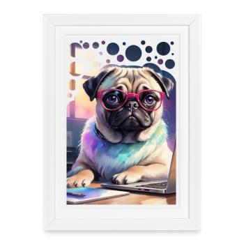 Bureau Chien Carlin avec Ordinateur Portable et Lunettes Roses Pop Art - Affiche encadrée (27 × 37 cm) - blanc - Devant