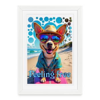 Drôle de chien avec des lunettes surf vacances à la plage - Affiche encadrée (27 × 37 cm) - blanc - Devant