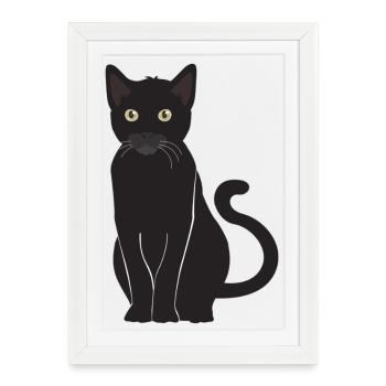 Chat noir porte-bonheur regard vigilant - Affiche encadrée (27 × 37 cm) - blanc - Devant