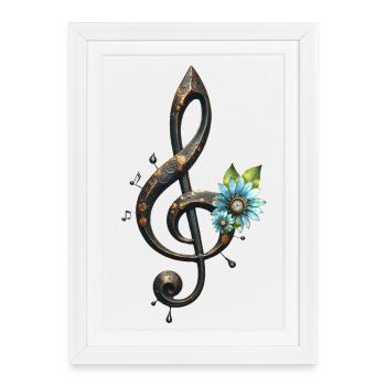 Clé mécanique et fleurs au rythme des horloges. - Affiche encadrée (27 × 37 cm) - blanc - Devant