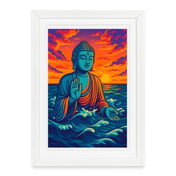 Bouddha serein au coucher du soleil - Affiche encadrée (27 × 37 cm) - blanc - Devant