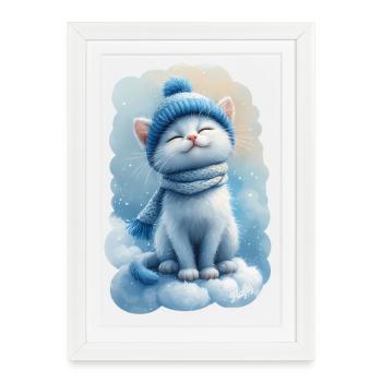 😺 Chaton heureux sur le nuage - Aquarelle - Affiche encadrée (27 × 37 cm) - blanc - Devant