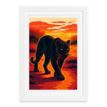 coucher de soleil noir jaguar panthère illustration - Affiche encadrée (27 × 37 cm) - blanc - Devant