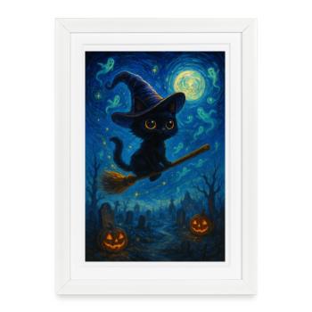 Chat noir avec un balai de sorcière - Affiche encadrée (27 × 37 cm) - blanc - Devant