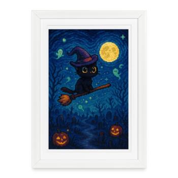 Chat mignon d’Halloween sur balai de sorcière Pixel Art - Affiche encadrée (27 × 37 cm) - blanc - Devant
