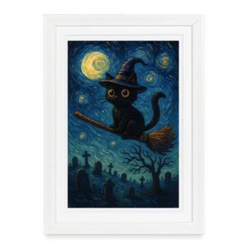 Nuit étoilée Halloween Kitty - Affiche encadrée (27 × 37 cm) - blanc - Devant