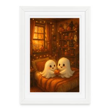 Cute Halloween Ghosts in Autumn - Framed poster (27 × 37 cm) - white - Front