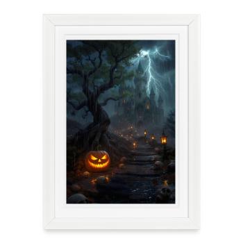 Château d’Halloween orageux avec des lanternes - Affiche encadrée (27 × 37 cm) - blanc - Devant