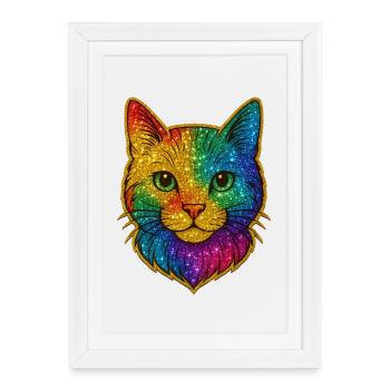 Tête de chat arc-en-ciel paillettes - Affiche encadrée (27 × 37 cm) - blanc - Devant