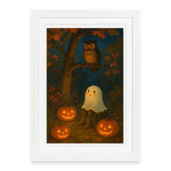 Fantôme et hibou en automne - Affiche encadrée (27 × 37 cm) - blanc - Devant