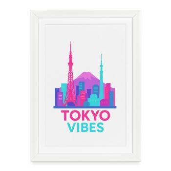 Tokyo Vibes Neon Skyline Silhouette Couleurs vives - Affiche encadrée (27 × 37 cm) - blanc - Devant