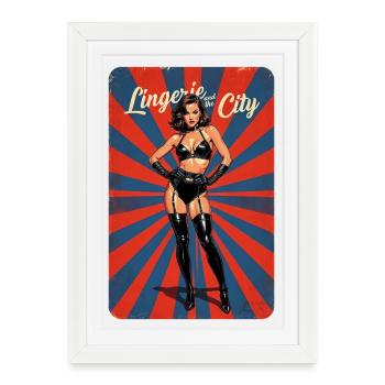 T-shirt, pin-up, lingerie et ville - Affiche encadrée (27 × 37 cm) - blanc - Devant