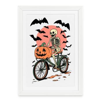 Skeleton on Bicycle with Pumpkin - Framed poster (27 × 37 cm) - white - Front