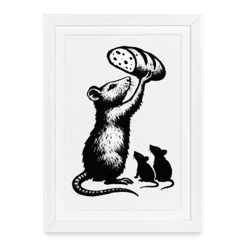 Rat soulevant une miche de pain – illustration graphique - Affiche encadrée (27 × 37 cm) - blanc - Devant
