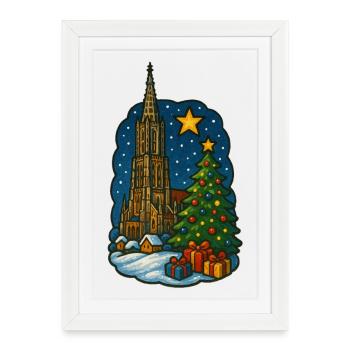 Marché de Noël d’Ulm avec la cathédrale d’Ulm - Affiche encadrée (27 × 37 cm) - blanc - Devant