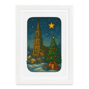 Place de l’église d’hiver avec arbre de Noël - Affiche encadrée (27 × 37 cm) - blanc - Devant