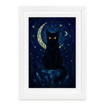 Nuit au clair de lune Chat magique - Affiche encadrée (27 × 37 cm) - blanc - Devant