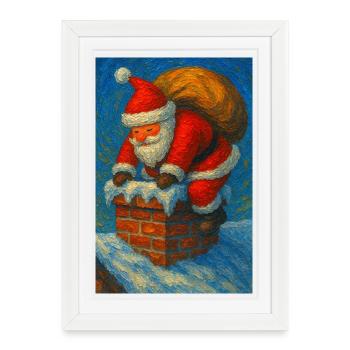 Santa Claus Climbs Chimney in Snow - Framed poster (27 × 37 cm) - white - Front