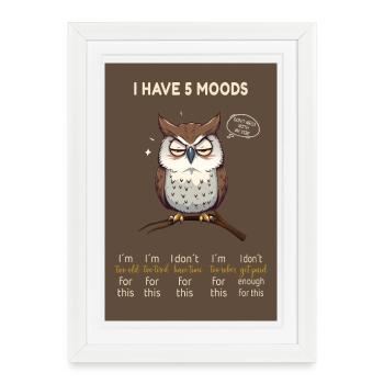 J’ai 5 humeurs – Hibou drôle avec dicton - Affiche encadrée (27 × 37 cm) - blanc - Devant