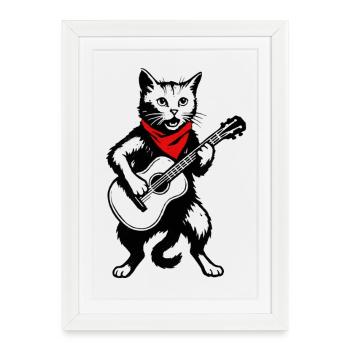 Chat avec guitare et bandana - Affiche encadrée (27 × 37 cm) - blanc - Devant